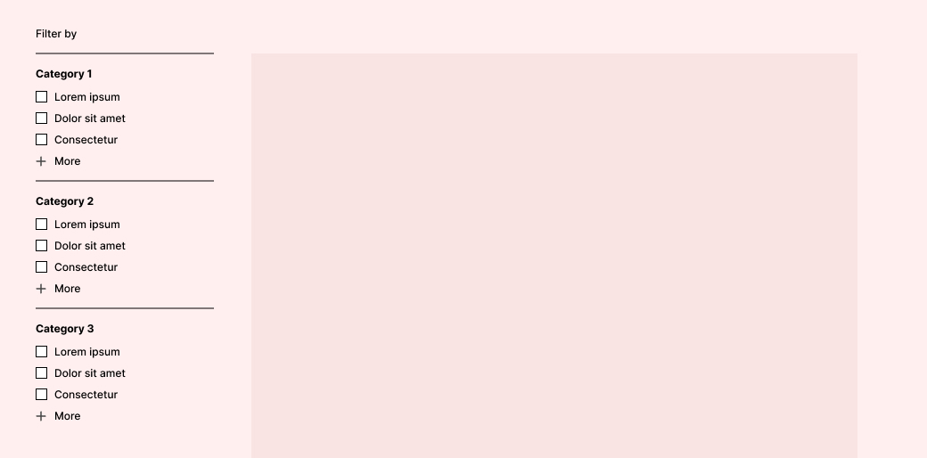 A filter panel with three sections — Category 1, Category 2, Category 3 — each listing three checkbox options and a '+ More' link